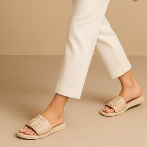 Tory Burch Women Leather Slide Sandals Double T Logo Beige Cream Flat Slip On 10